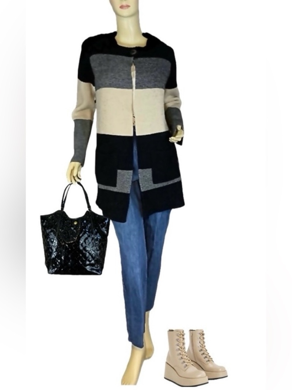 COCOGIO BEIGE & BLACK COLORBOCK Y2K WOOL BLEND CARDIGAN SWEATER (L)
